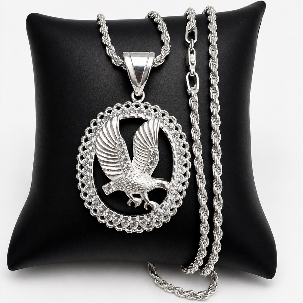 925 Sterling Silver Cubic Zirconia Eagle Pendant Men’s Necklace Size 24”